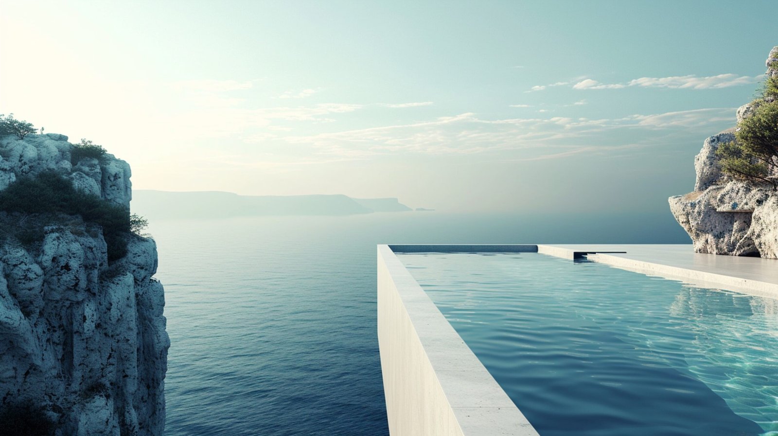 a modern infinity pool perched on the edge of a cliff, overlooking a breathtaking landscape